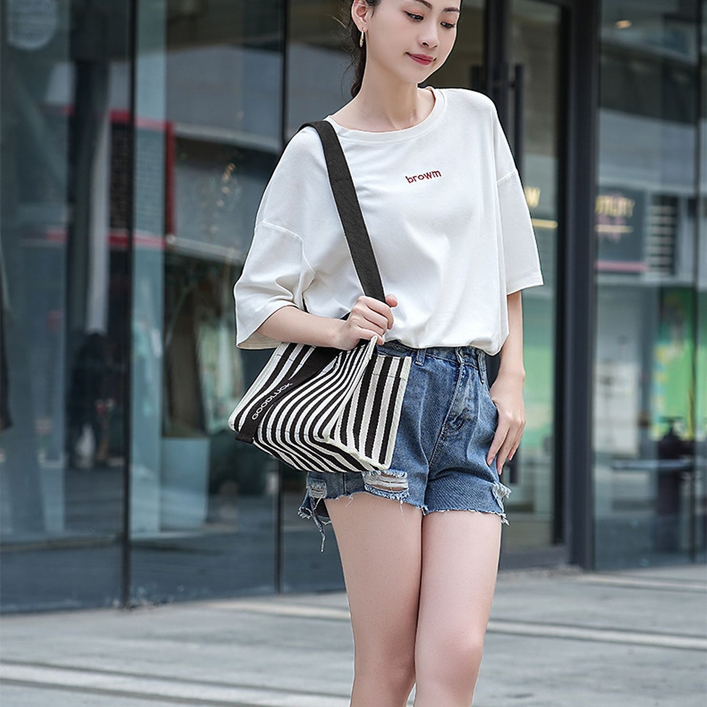 Striped Canvas & Nylon Tote Bag - Multi - functional Shoulder Bag