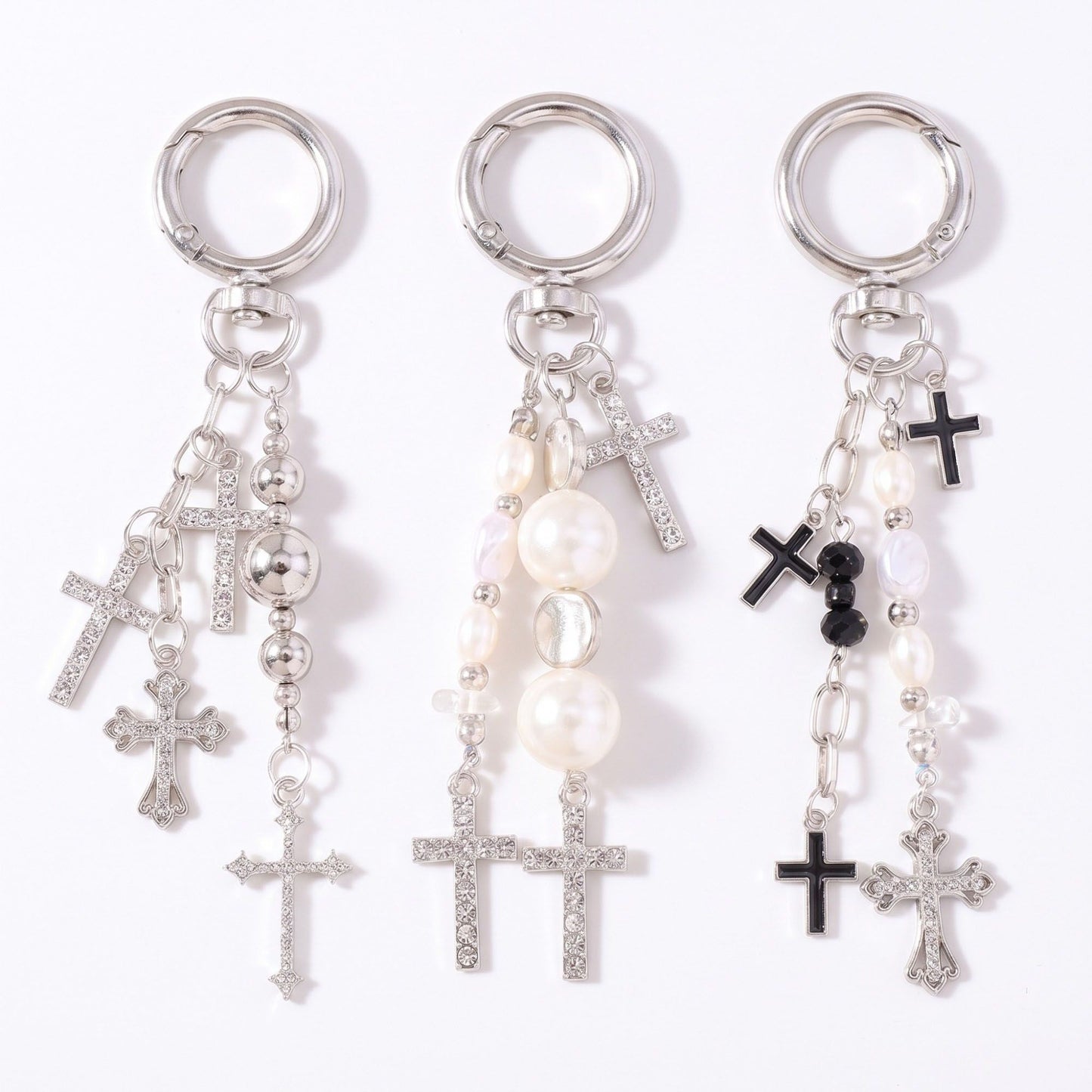 Gothic Rhinestone Cross & Pearl Bag Charm Key Chain 3-Piece Set