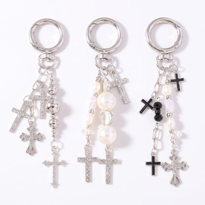 Gothic Rhinestone Cross & Pearl Bag Charm Key Chain 3-Piece Set