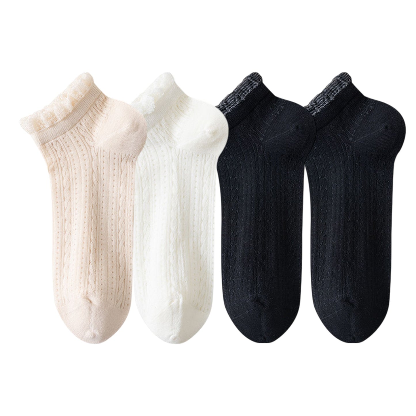 4-Pair Pack Breathable Lace Trim Ankle Socks with Open Knit Mesh Texture and Cotton Comfort