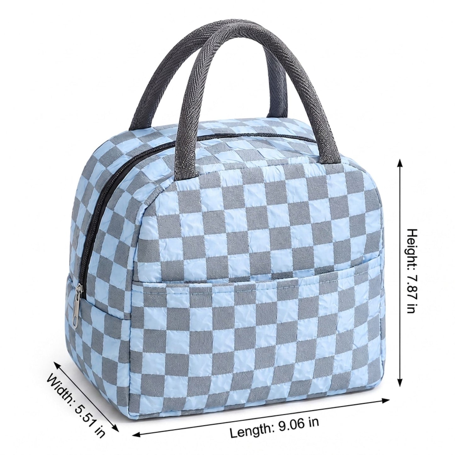Checkered Insulated Lunch Bag Reusable Zipper Tote with Front Pocket