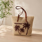 Palm Tree Woven Tote Bag Large Capacity Shoulder Handbag with Faux Leather Handles