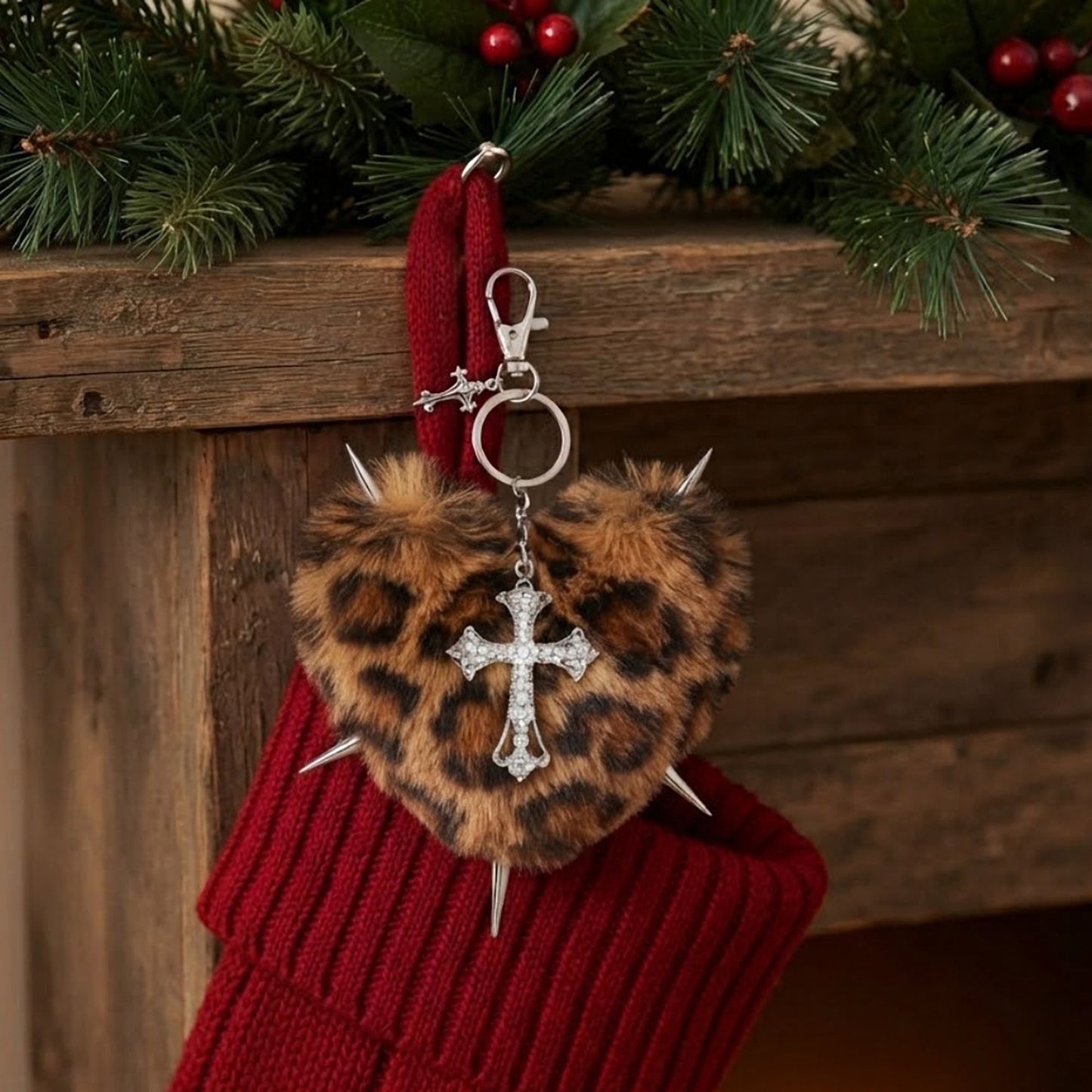 Punk Heart Faux Fur Keychain Rivet Cross Bag Charm Set