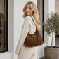 Suede-Like Fringe Hobo Shoulder Bag with Studded Star and Beaded Charm Details