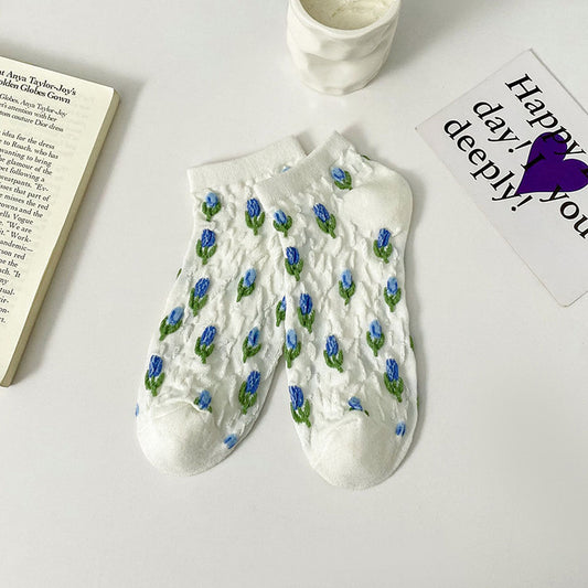Adorable Summer Floral Embroidered Ankle Socks 4Pk