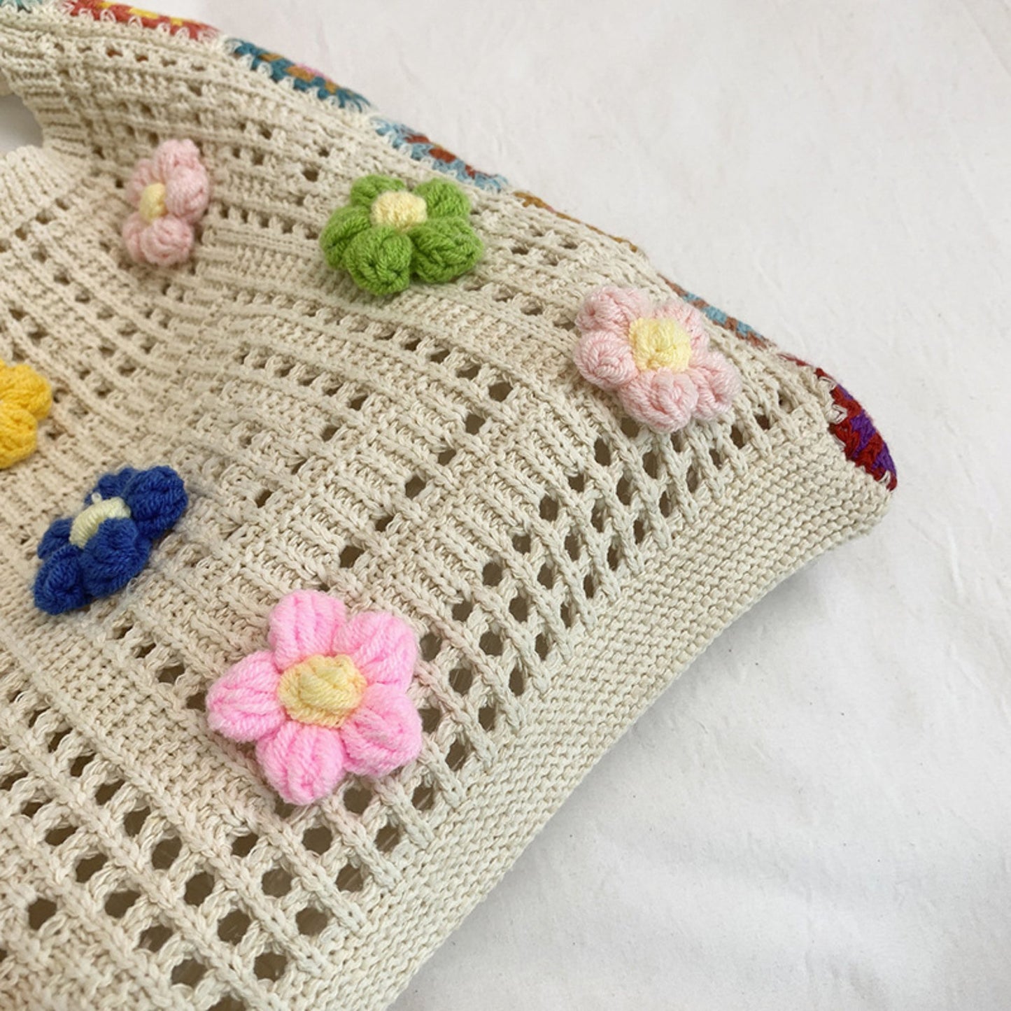 Crochet Shoulder Bag with Flower Applique and Wide Strap