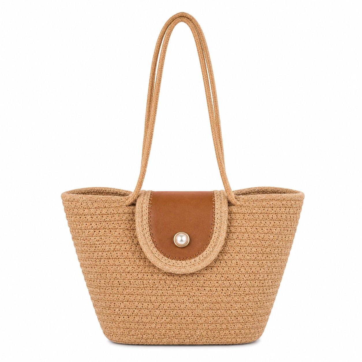 Woven Rope Tote Bag with Flap Cover Pearl Button Large Capacity Shoulder Carryall