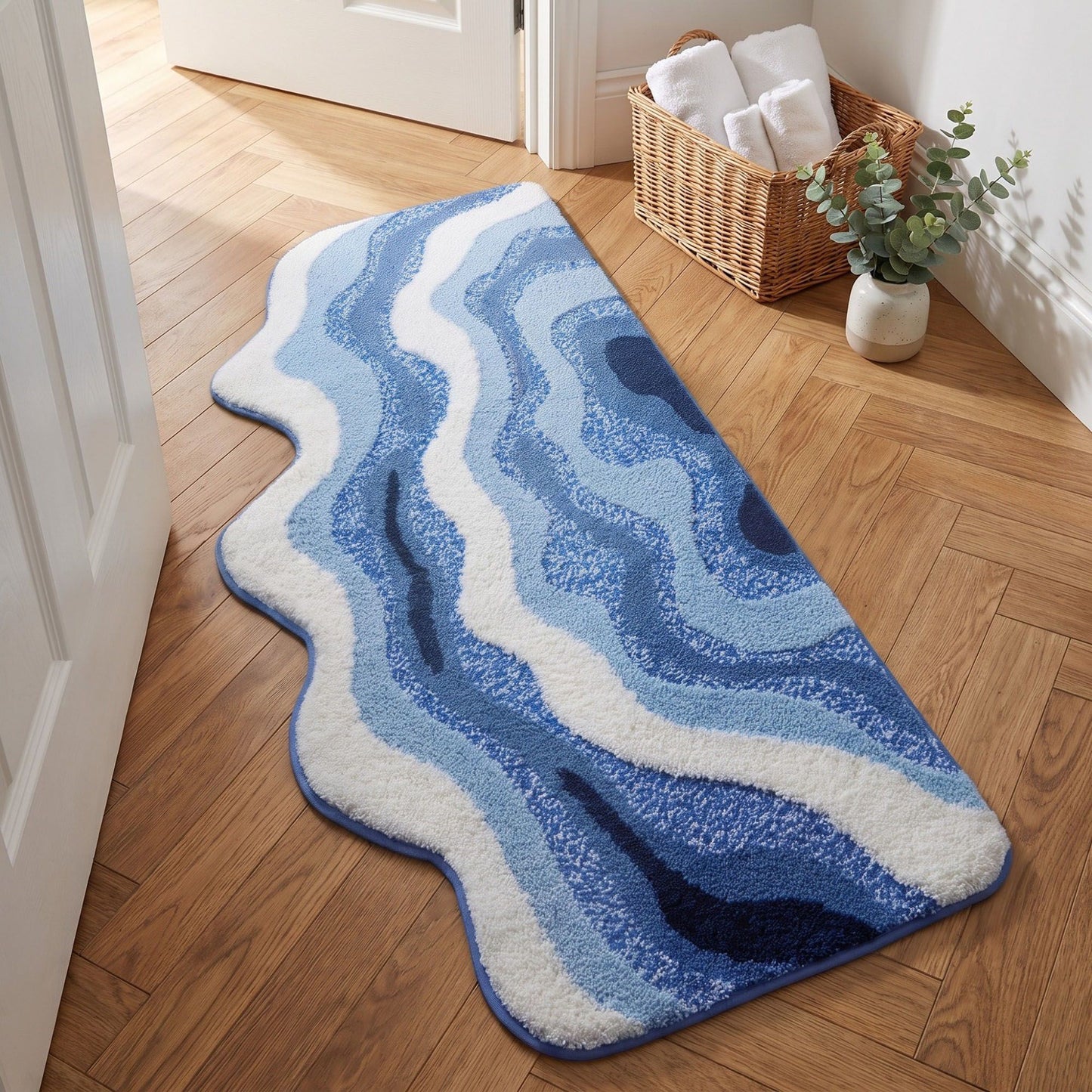 Abstract Ocean Wave Plush Bathroom Mat with Irregular Scalloped Edge
