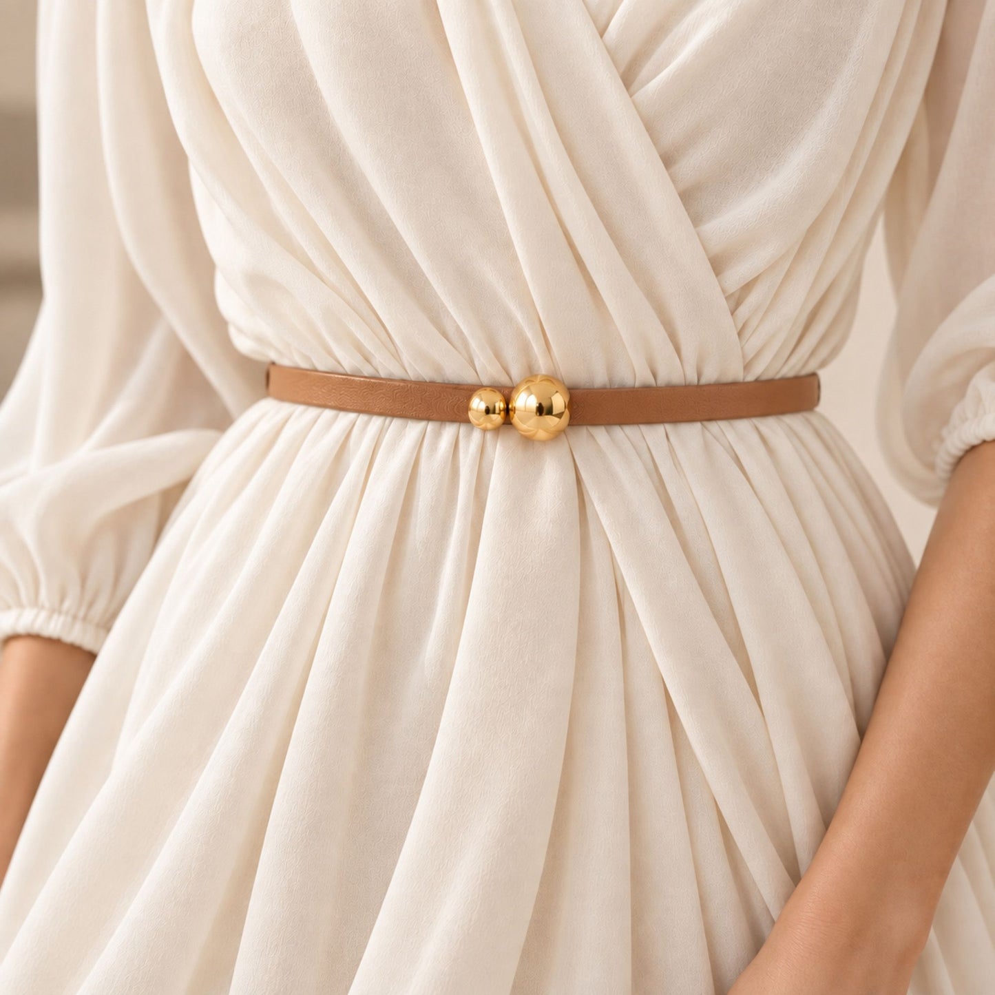 Genuine Leather Skinny Dress Belt with Double Ball Clasp 39.4in