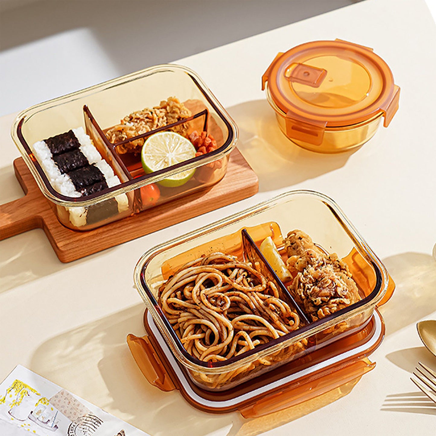 Divided Food Storage Container with Snap Lid and Sauce Compartment