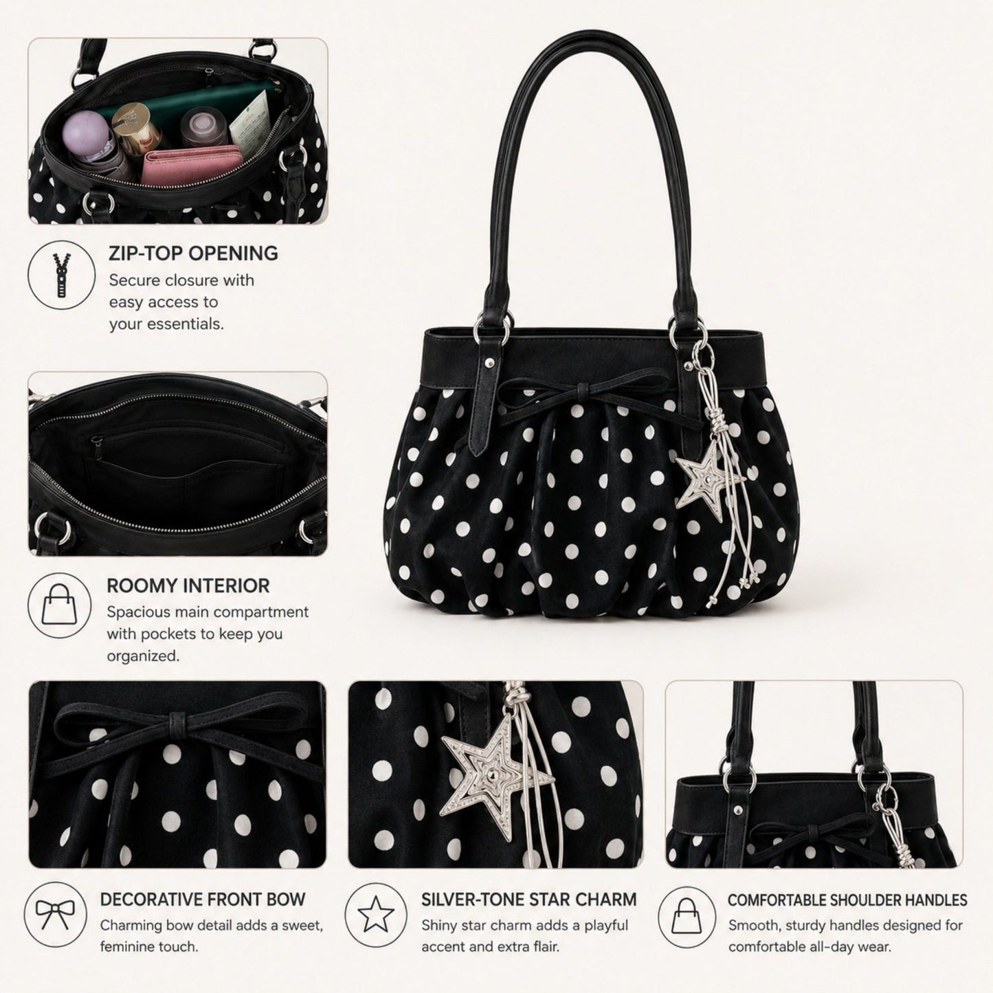 Polka Dot Ruched Shoulder Bag with Bow Detail and Metal Charm
