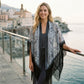 Triangle Shawl Scarf with Floral Jacquard and Fringe Trim
