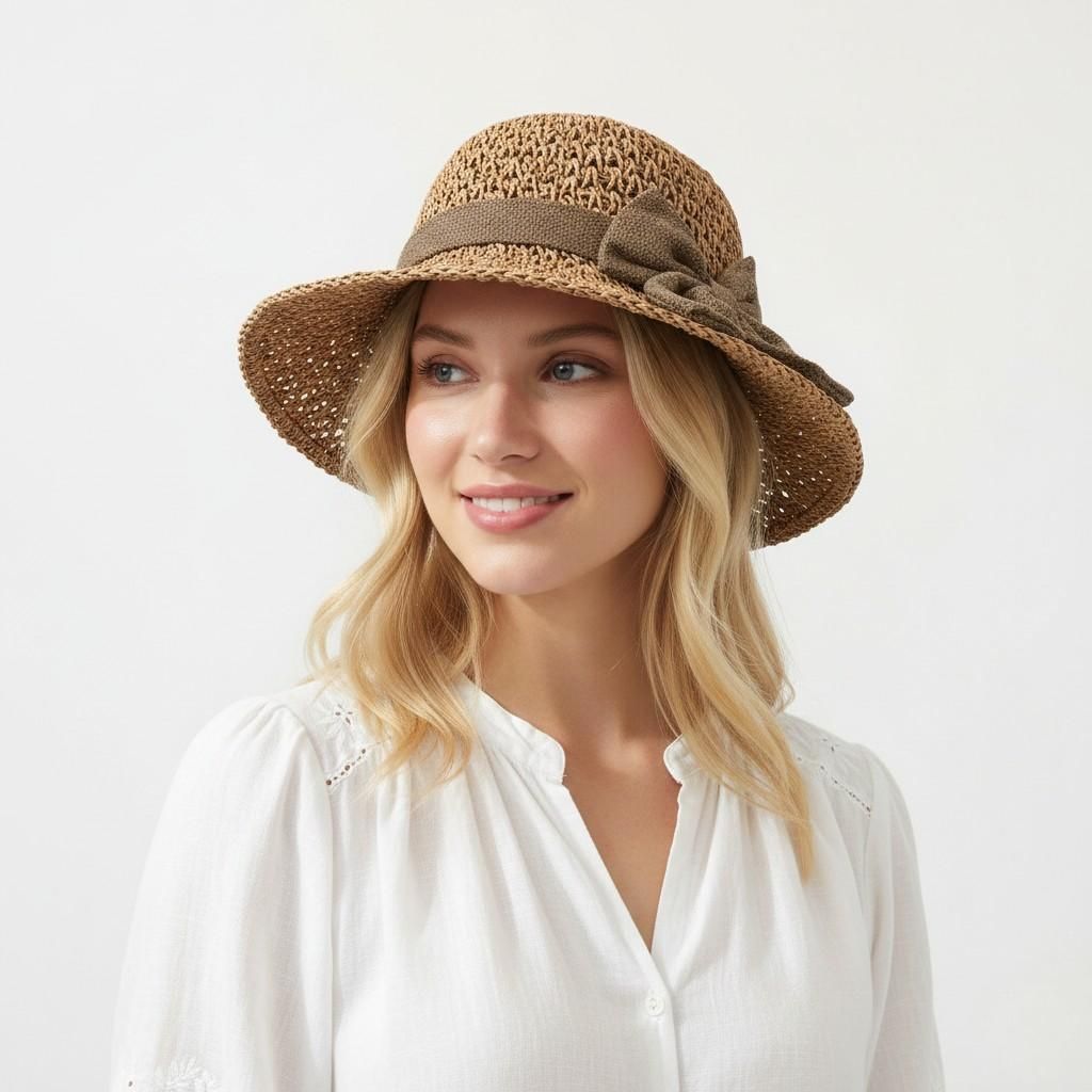 Straw Sun Hat Wide Brim Bowknot Summer Beach Bucket Hat Lightweight