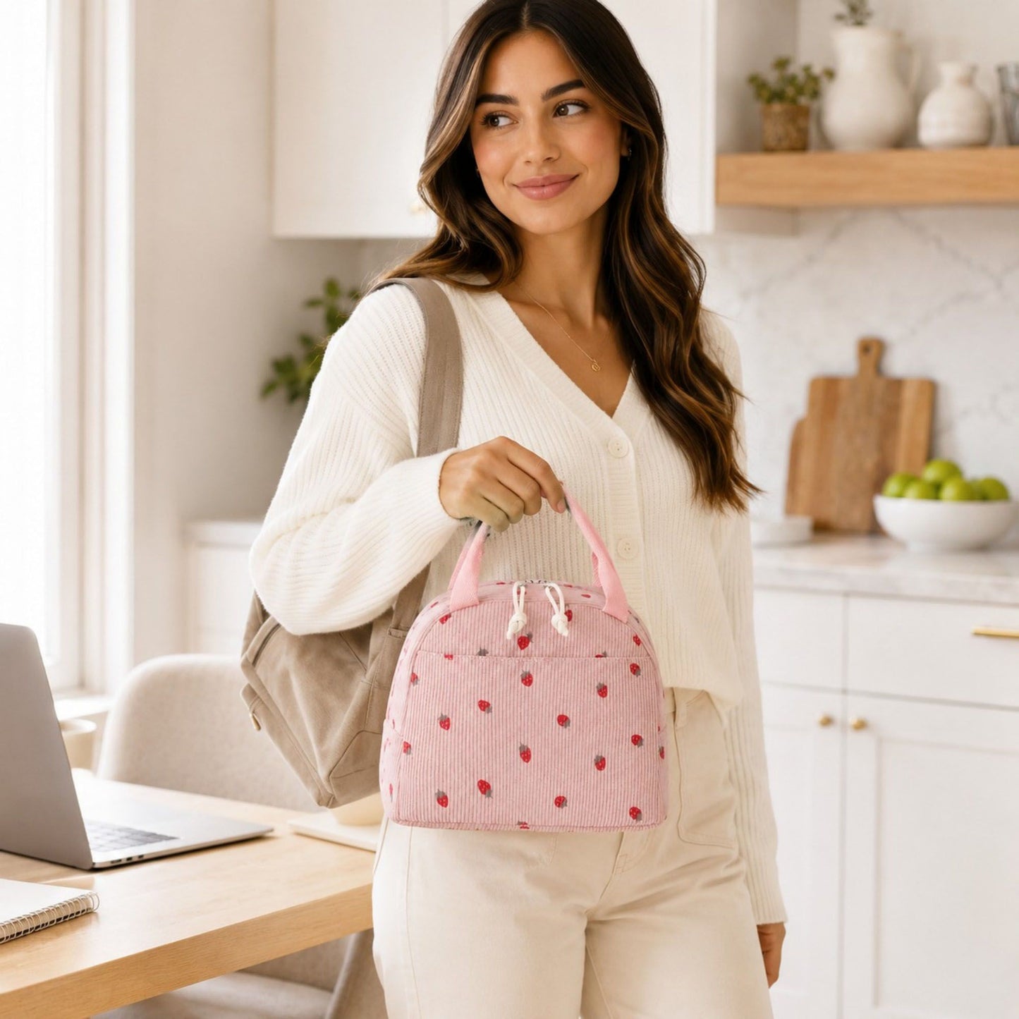 Strawberry Print Corduroy Insulated Lunch Bag with Handles and Zip Closure
