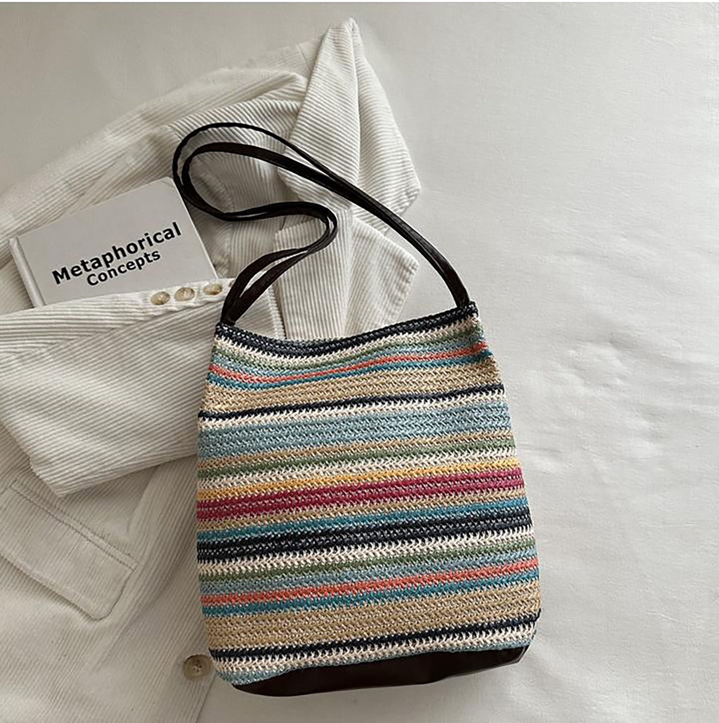 Woven Polyester Tote Bag with Magnetic Closure and Long Shoulder Straps
