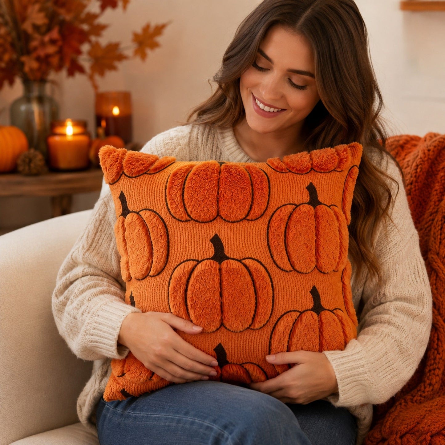 Plush Pumpkin Throw Pillow Cover Square Decorative Fall Cushion Cover