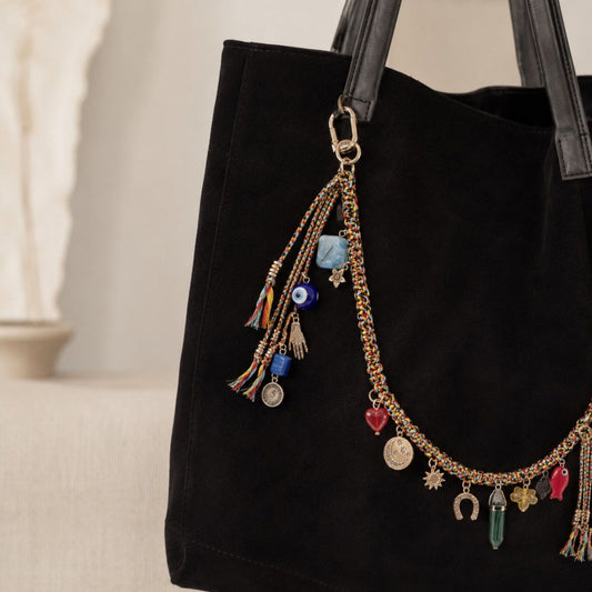 Boho Bag Charm Chain Multicolor Woven Purse Accessory with Tassels and Charms