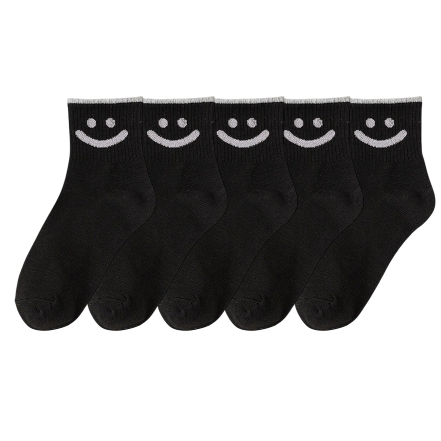 5 Pairs Women's Ankle Socks with Smiley Face Design Soft Cotton Ribbed Cuffs for Casual Everyday Wear
