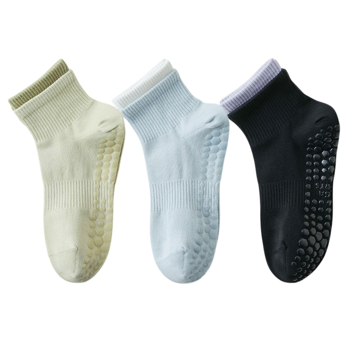 3-Pair Set Short Ankle Grip Socks with Ribbed Cuffs Cushioned Soles and Anti-Slip Bottom for Walking or Yoga