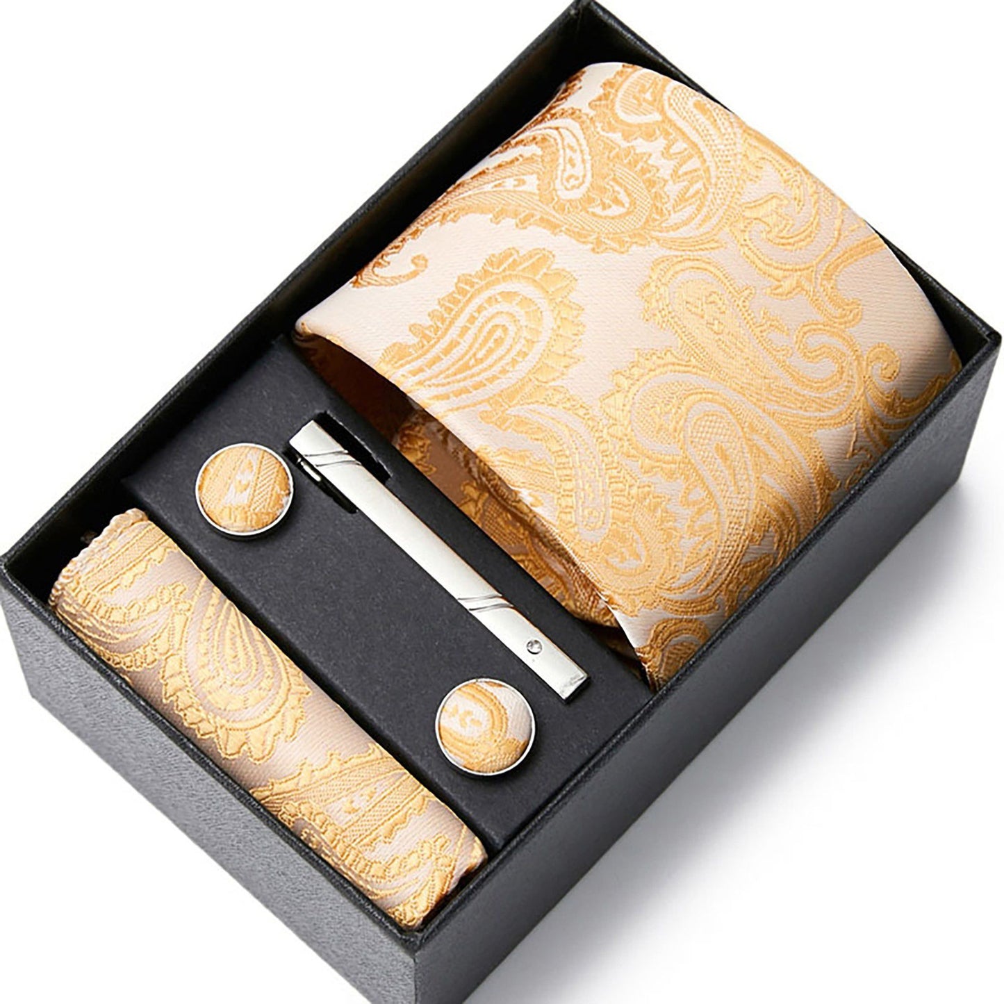 Men's Floral Print Tie Gift Set with Matching Pocket Square Cufflinks and Silver Tie Clip