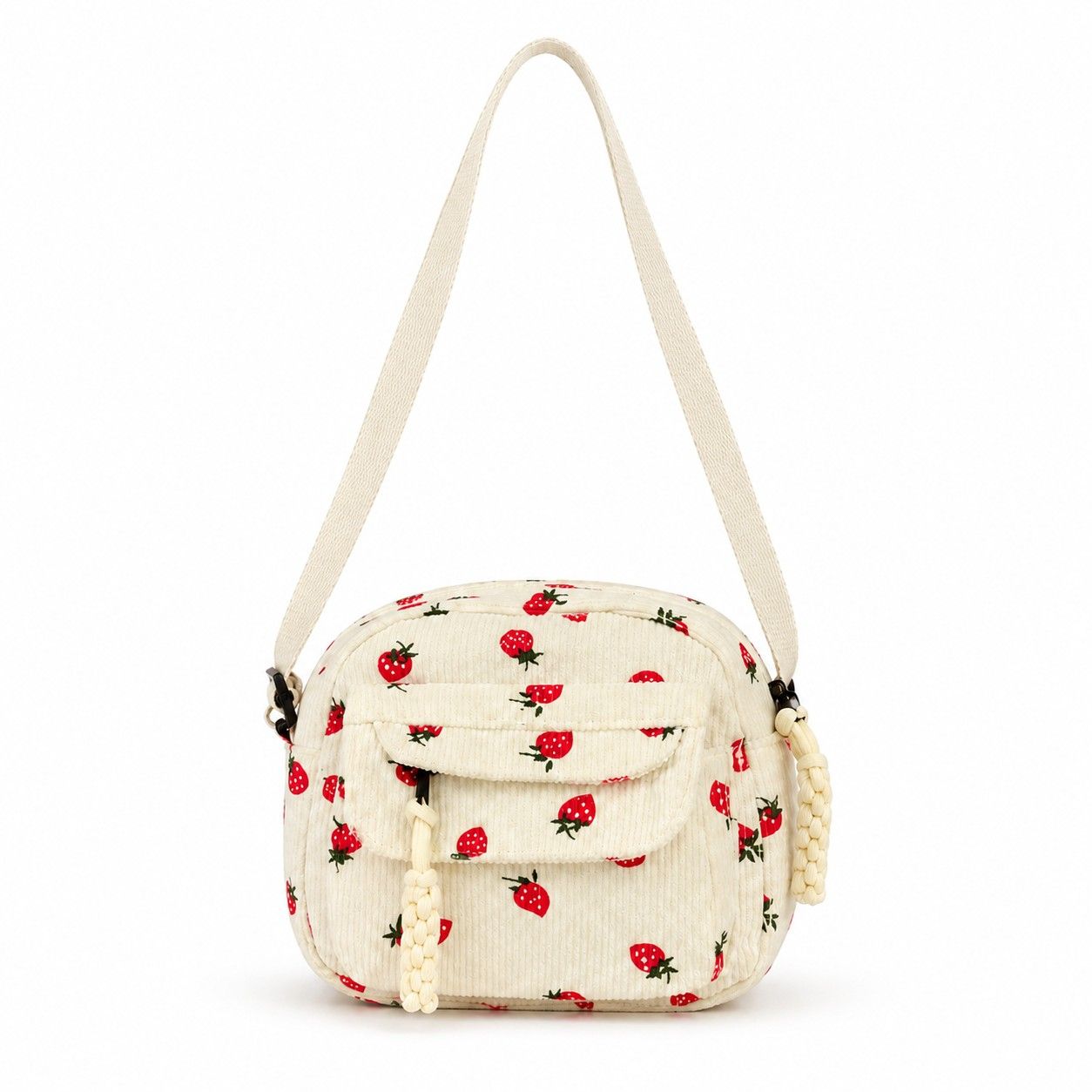 Strawberry Print Corduroy Crossbody Bag with Front Pocket and Adjustable Strap