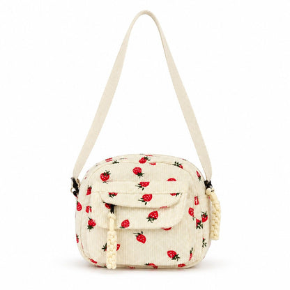 Strawberry Print Corduroy Crossbody Bag with Front Pocket and Adjustable Strap