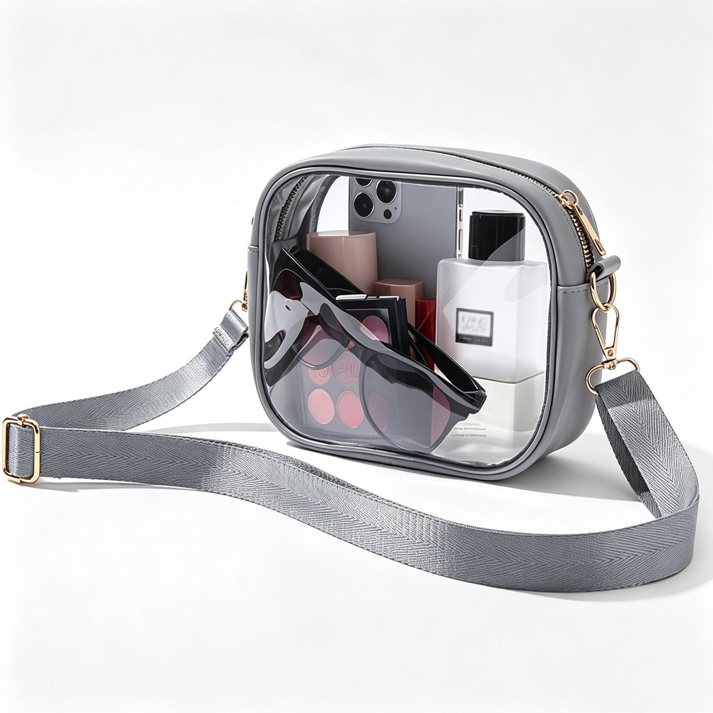 Clear Crossbody Bag with Front Zipper Pocket, Structured Trim and Adjustable Removable Shoulder Strap