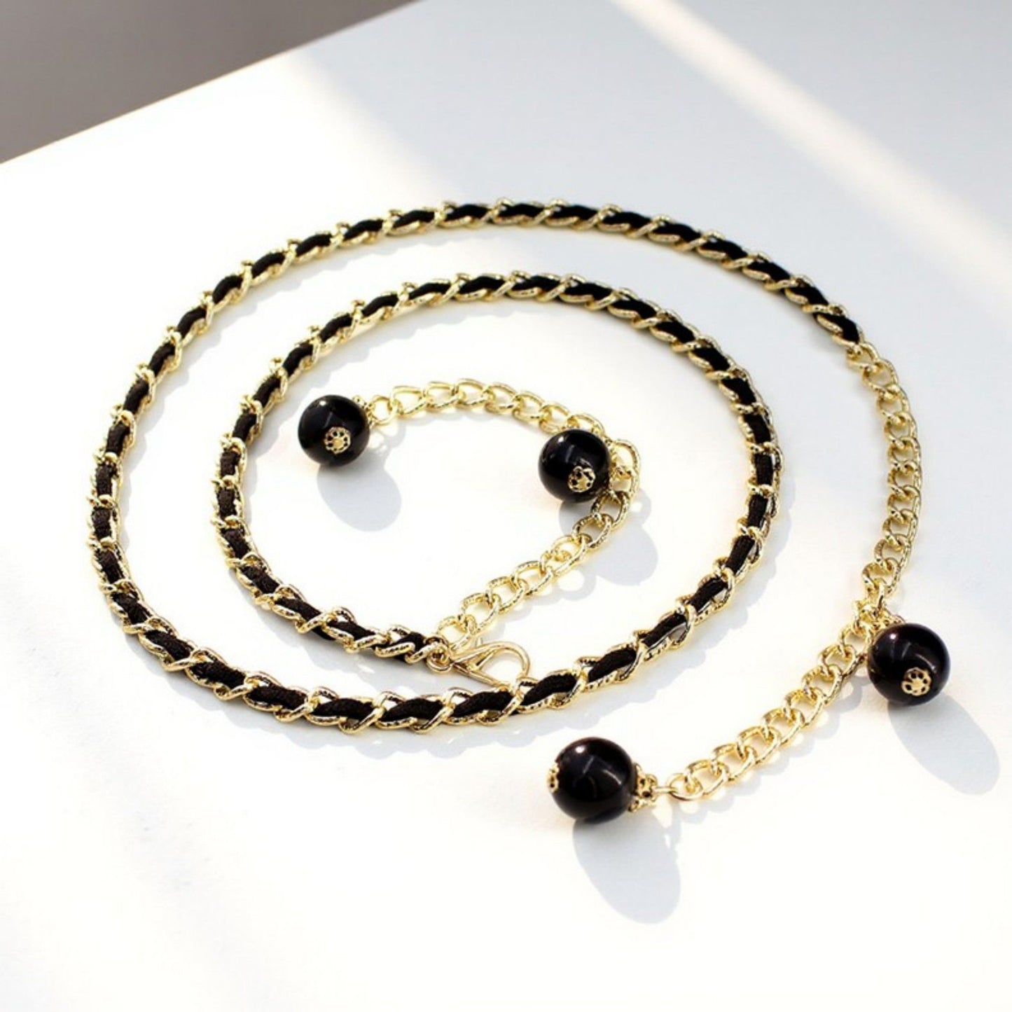 Chain Link Belt with Interwoven Detail and Hanging Bead Charms 45.5in