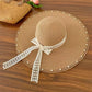 Wide Brim Sun Hat with Lace Bow and Pearl Trim