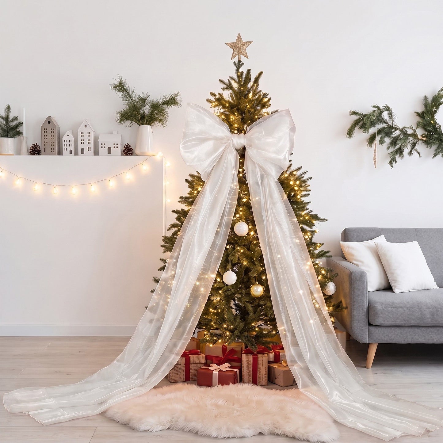 Large Sheer Christmas Tree Bow with Long Ribbon Tails