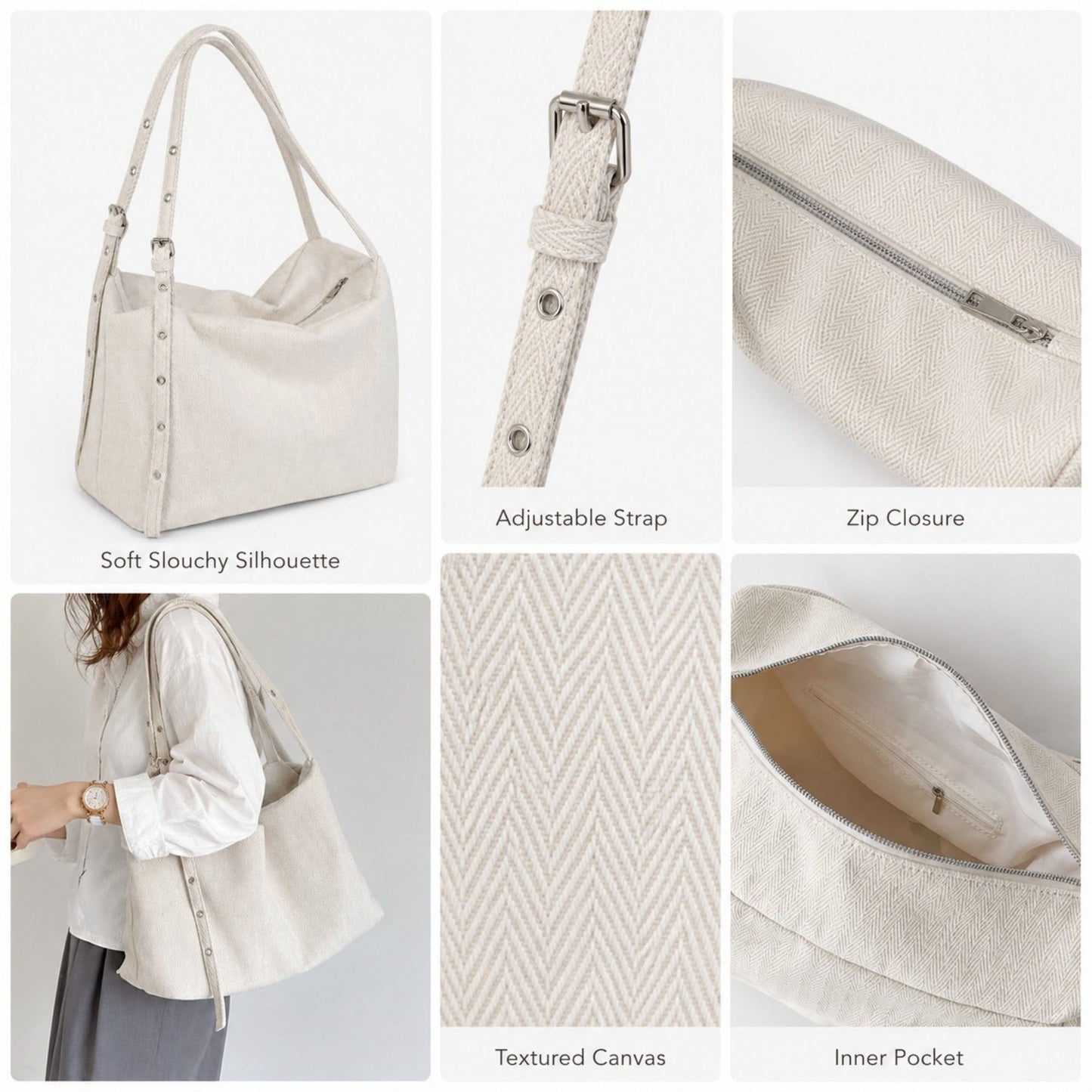 Herringbone Tote Bag with Adjustable Strap and Rivet Detail