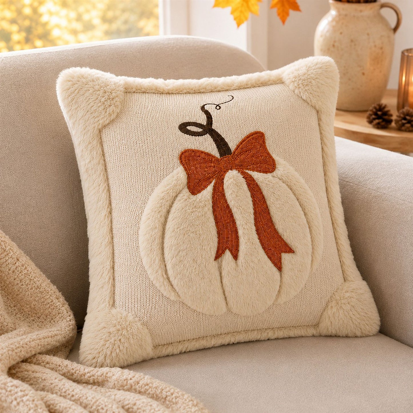 Textured Pumpkin Bow Decorative Throw Pillow Cover for Sofa Bed Chair Fall Decor