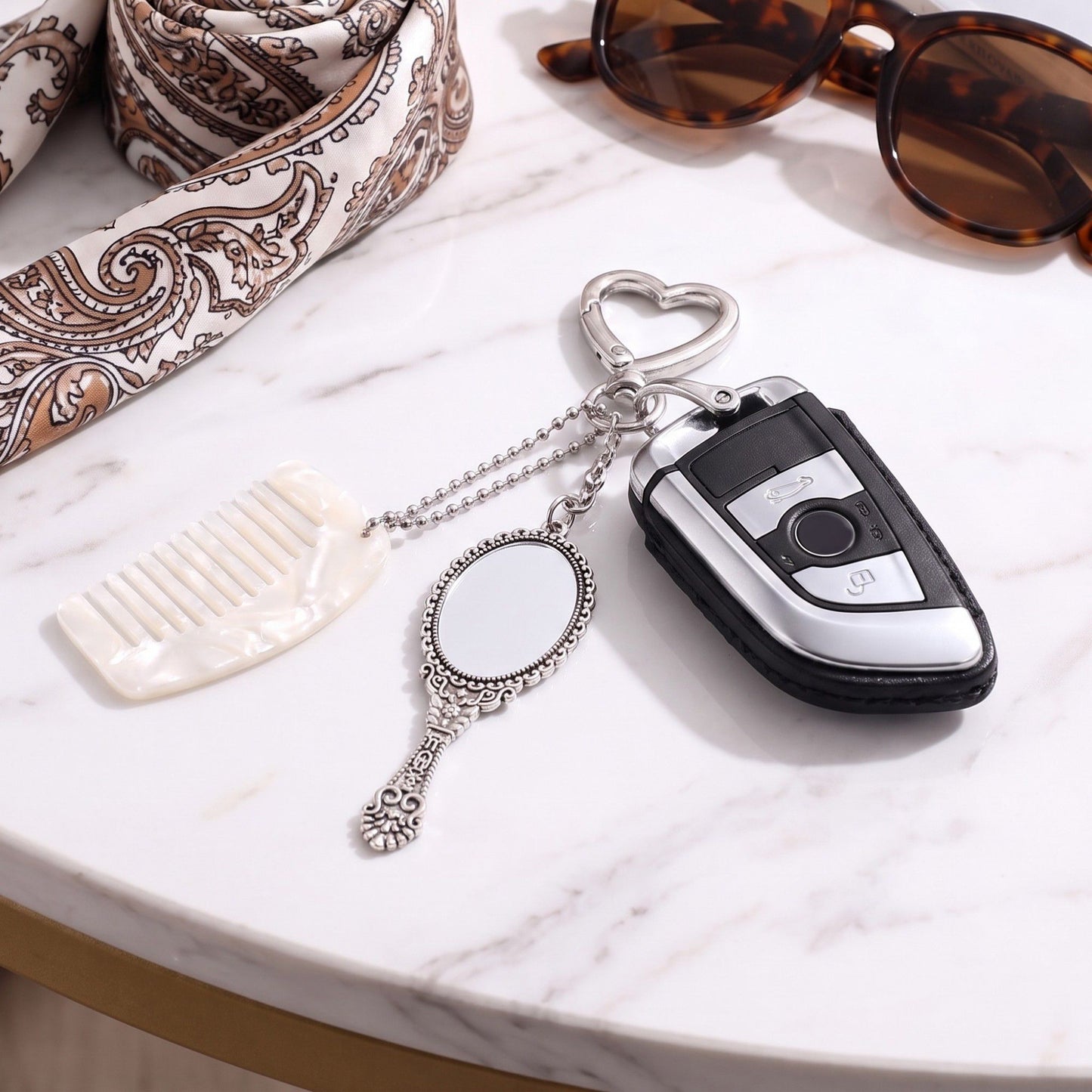 Mirror and Mini Comb Keychain Bag Charm with Heart Clip