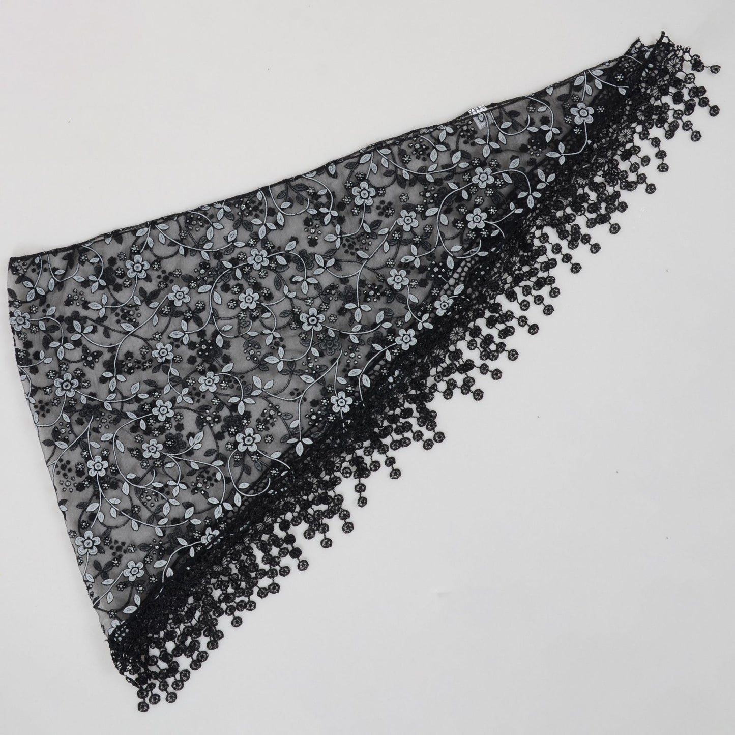 Lightweight Lace Floral Head Scarf Fringe Triangular Shawl