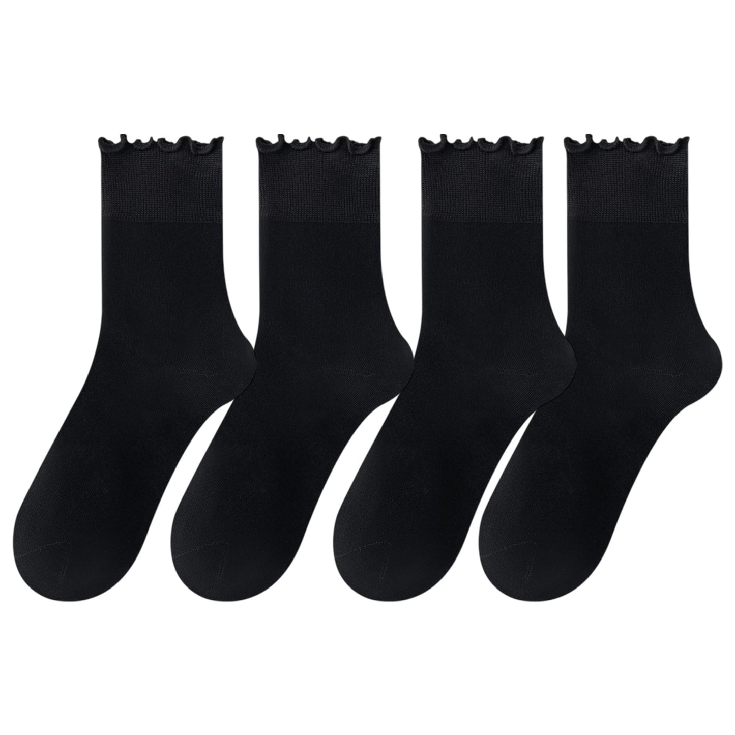 4 Pairs Women's Ruffle Edge Crew Socks Soft Stretch Cotton Blend with High Elastic Cuffs in Assorted Solid Colors