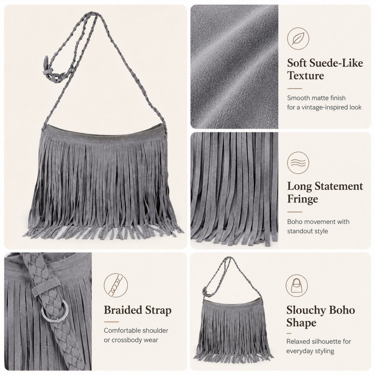 Fringe Crossbody Bag Black Suede Look Boho Shoulder Purse with Braided Strap