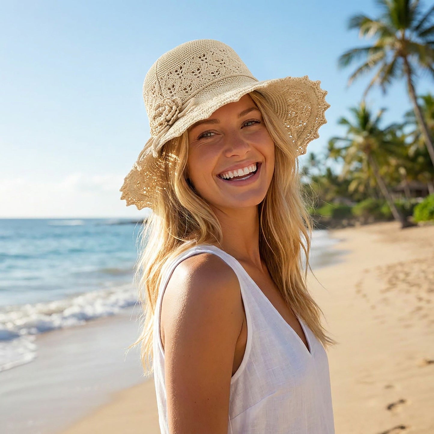Crochet Wide Brim Sun Hat with Scalloped Edge Floral Accent and Chin Strap