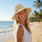 Crochet Wide Brim Sun Hat with Scalloped Edge Floral Accent and Chin Strap