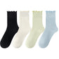 4 Pairs Women's Ruffle Edge Crew Socks Soft Stretch Cotton Blend with High Elastic Cuffs in Assorted Solid Colors