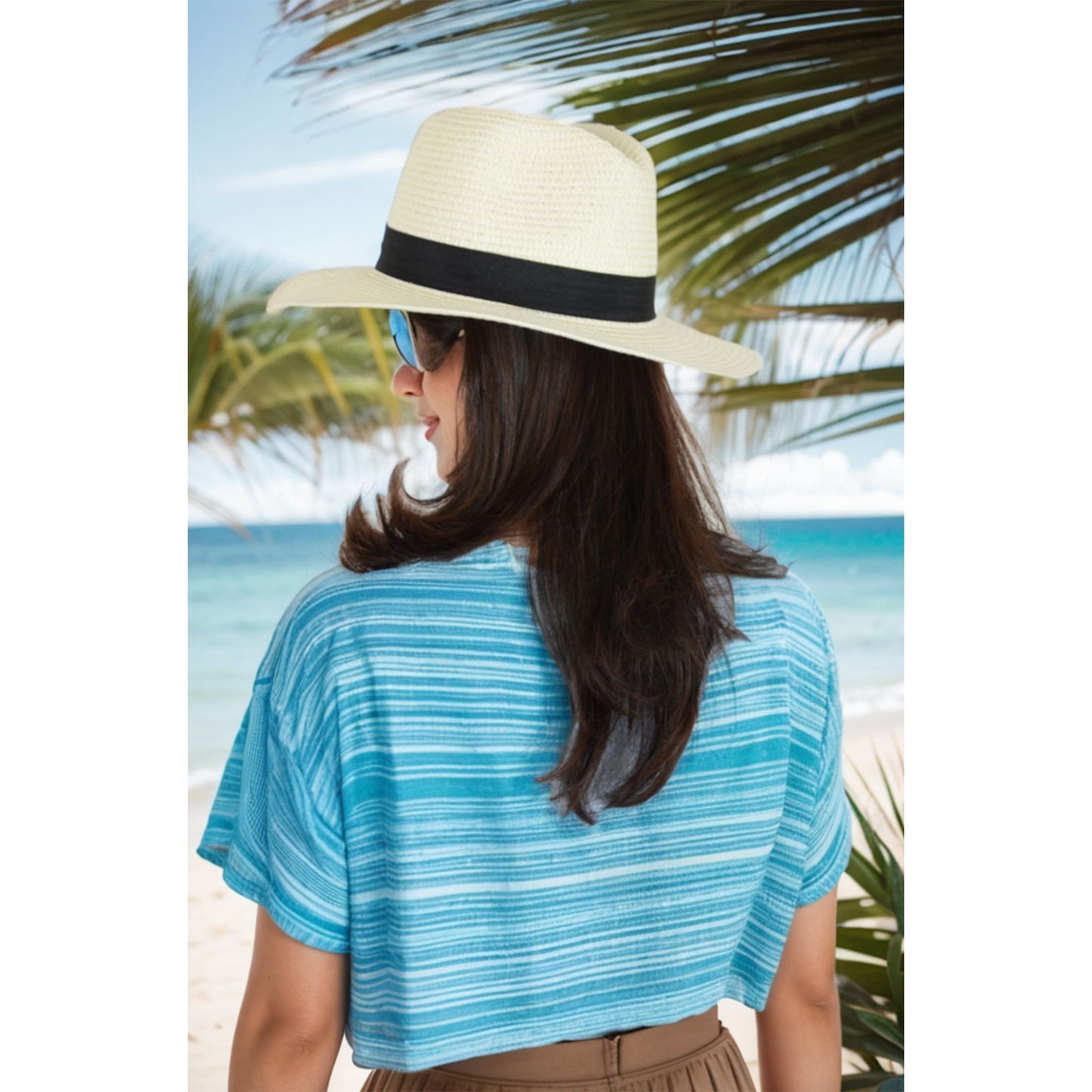 Wide Brim Straw Fedora Sun Hat with Black Band Lightweight Packable Summer Panama Hat for UV Protection