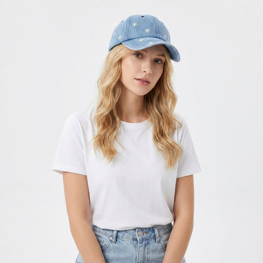 Denim Baseball Cap Daisy Embroidered Adjustable Dad Hat