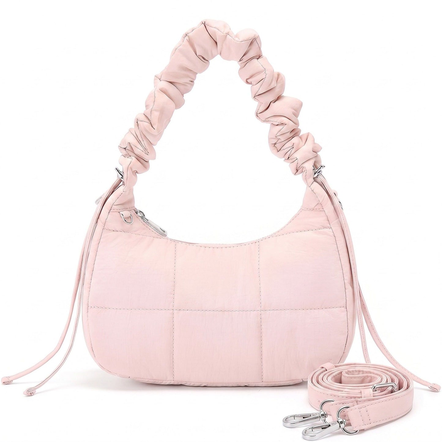 Quilted Crescent Shoulder Bag with Ruched Handle and Detachable Crossbody Strap 10.5x4x6in