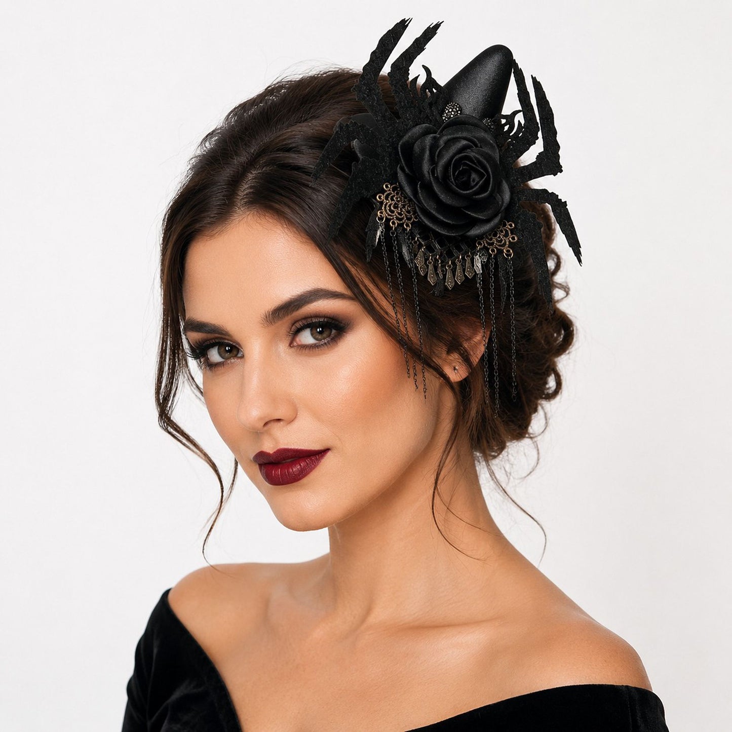 Halloween Mini Witch Hat Hair Clip with Spider Rose and Chains