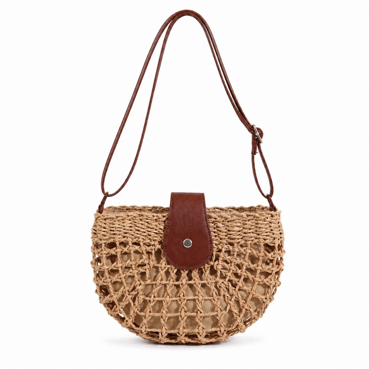 Woven Straw Crescent Crossbody Handbag with Adjustable Shoulder Strap