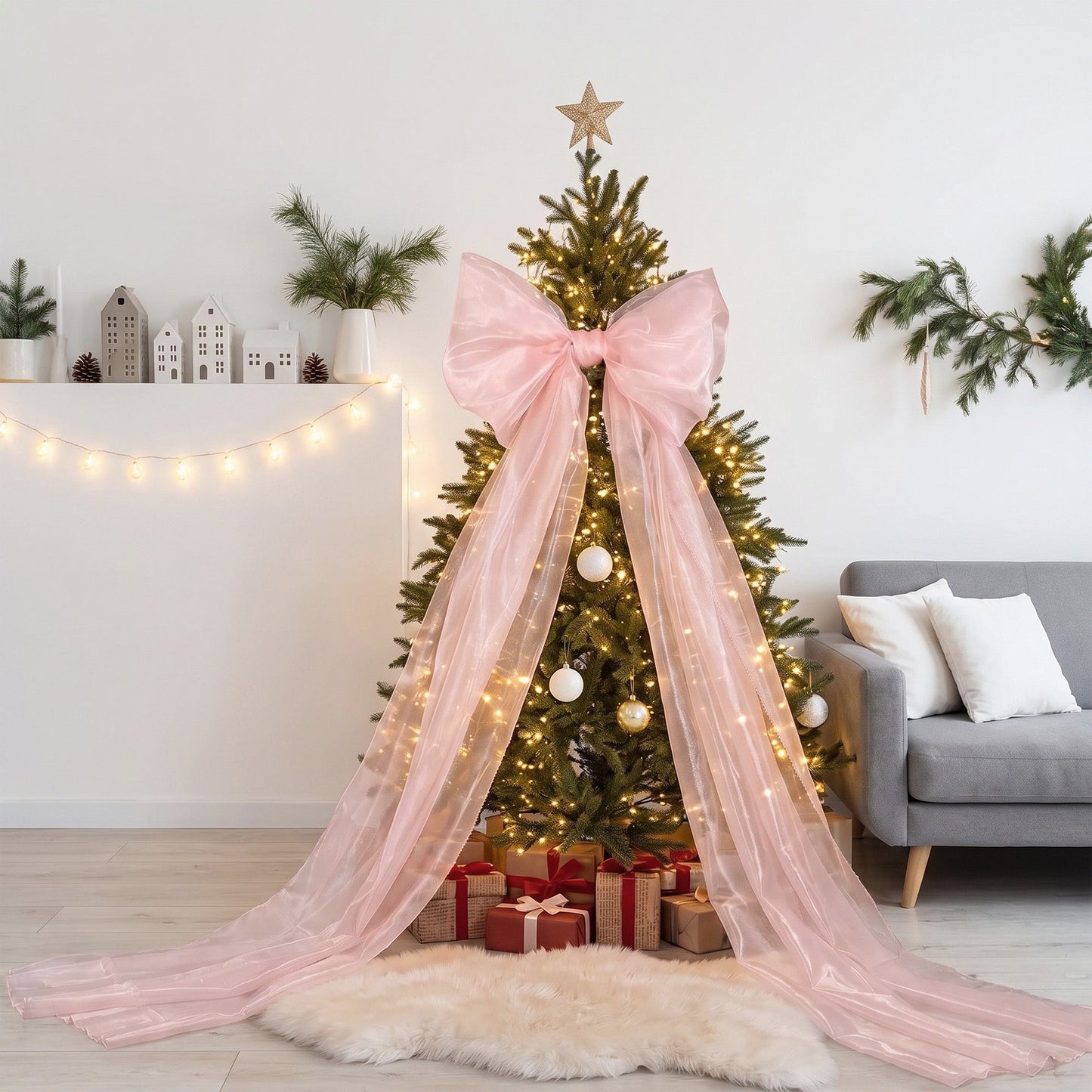 Large Sheer Christmas Tree Bow with Long Ribbon Tails