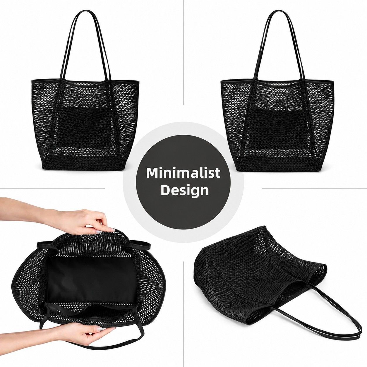 Mesh Tote Bag Large Capacity Lightweight Polyester Shoulder Handbag with Inner Pouch