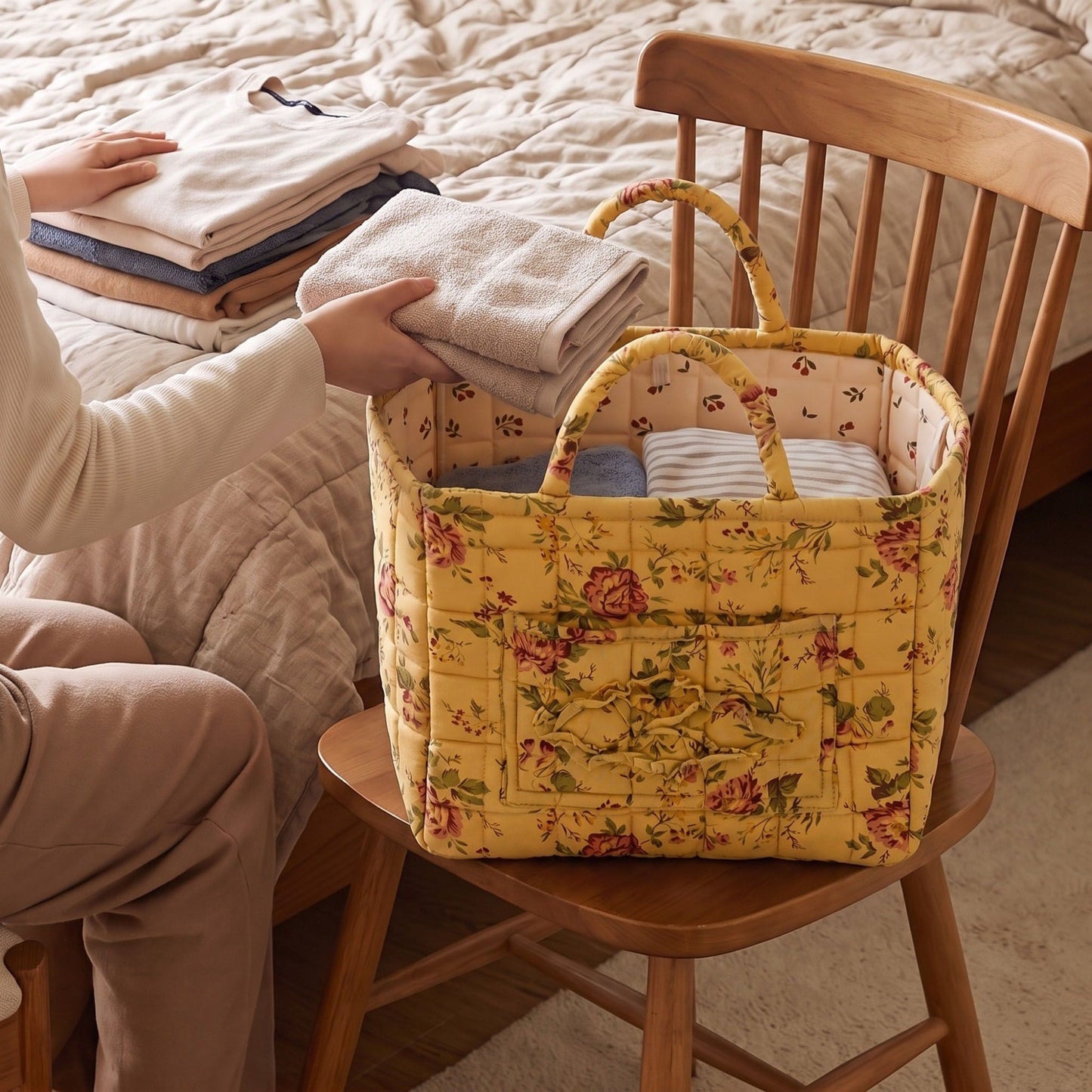 Quilted Floral Storage Basket with Handles and Front Pocket