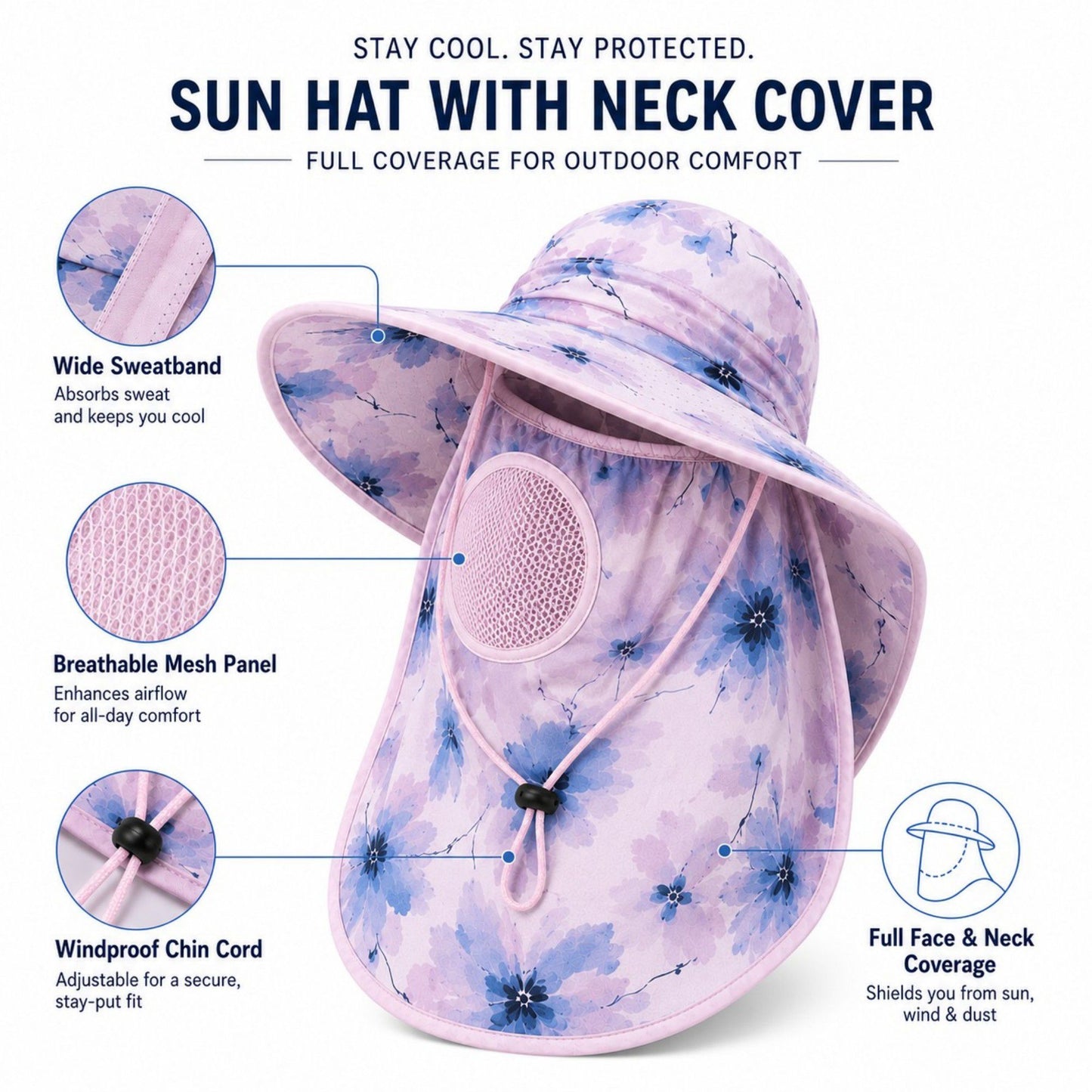 Floral Wide Brim Sun Hat with Face Cover Neck Flap and Mesh Breathing Panel