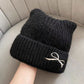 Cat Ear Knit Beanie - Fluffy Faux Fur Hat with Bow Embroidery