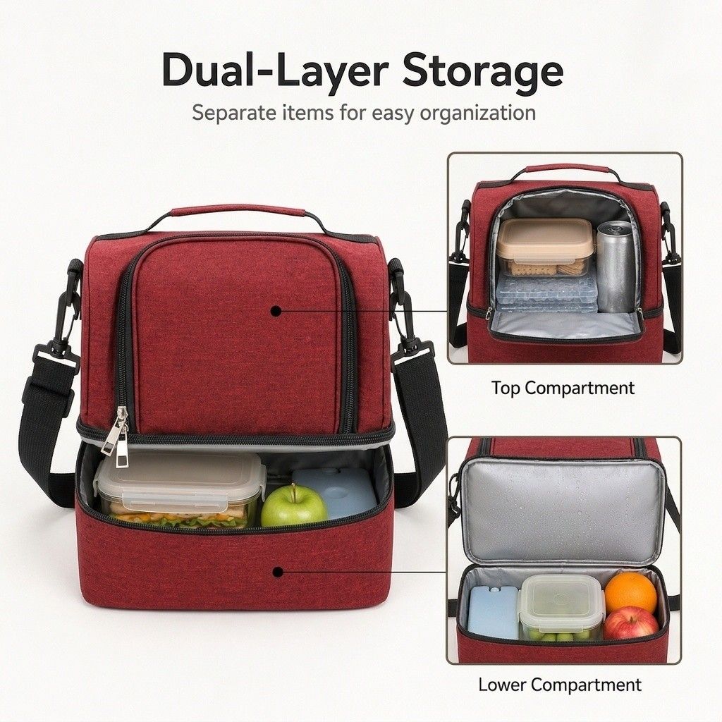 Dual Compartment Insulated Lunch Bag with Adjustable Shoulder Strap